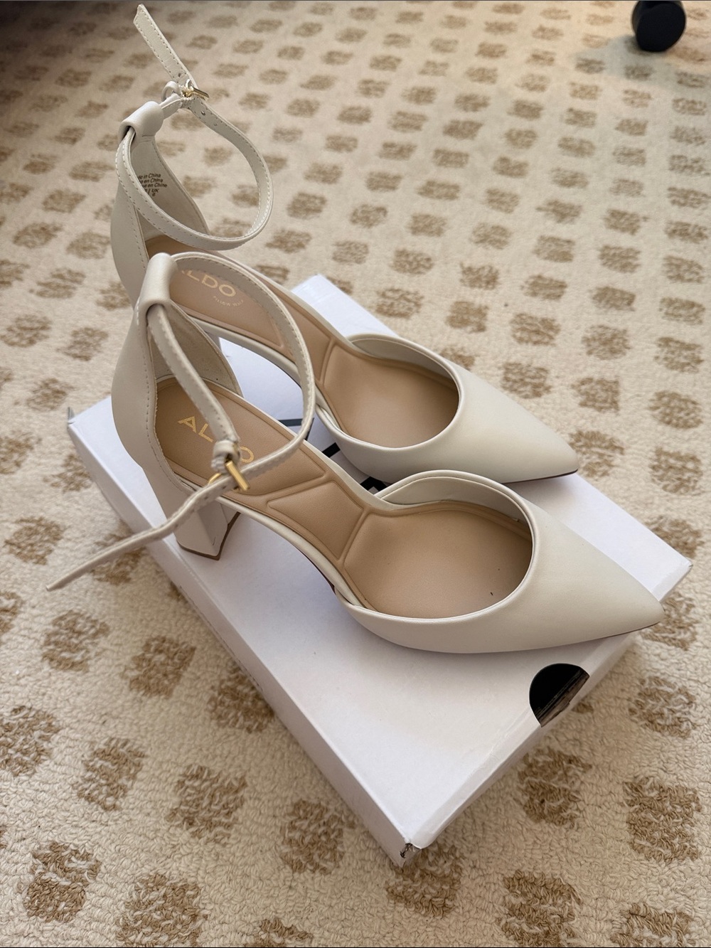Aldo Cream Pointed-Toe Ankle-Strap Pumps with Block Heel